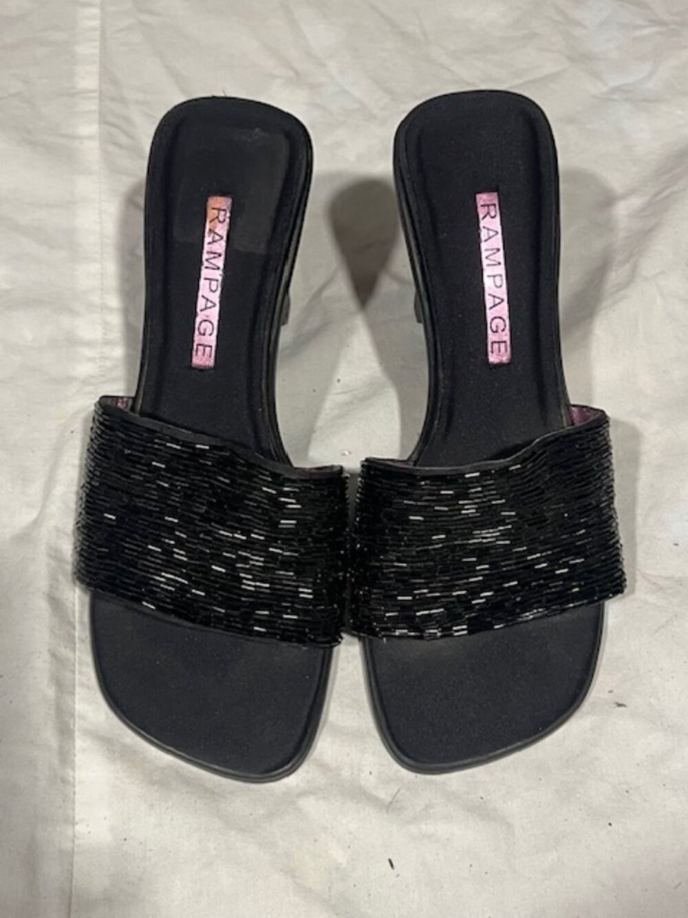 VTG Black Sparkling Beaded Rampage Mule Sandals Square Toe 3.5" Heel Size: 7